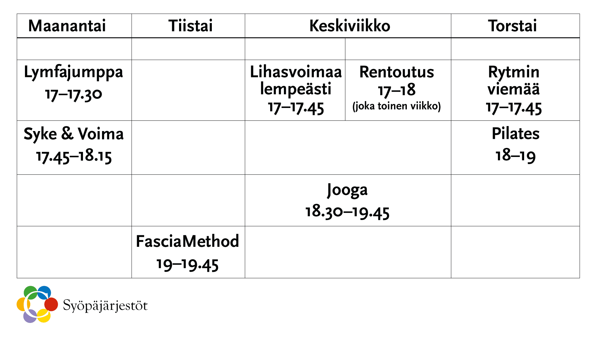 Etäliikuntatuntien aikataulu