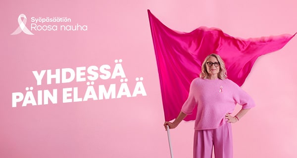 Katja Ståhl seisoo vaaleanpunainen liehuva lippu kädessään vaaleanpunaisen taustan edessä, kuvassa teksti "Yhdessä päin elämää"