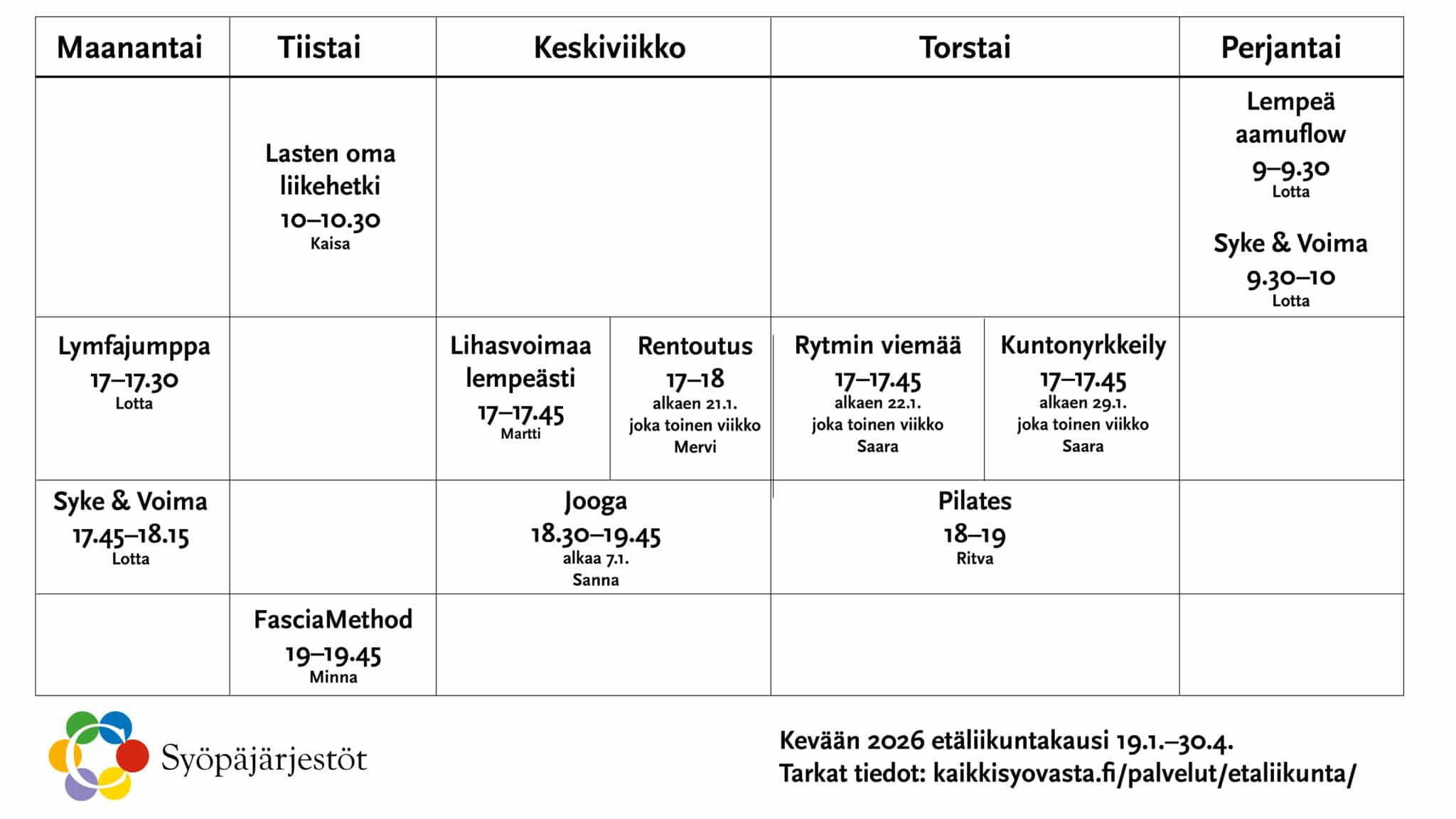 Etäliikuntatunnit lukujärjestysmuodossa