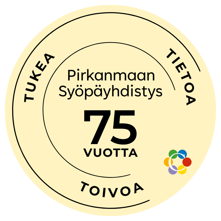Merkki tekstillä Pirkanmaan Syöpäyhdistys 75 vuotta, tukea, tietoa, toivoa